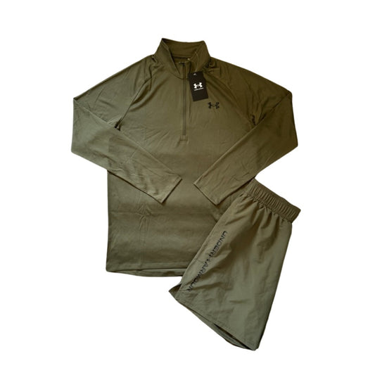 UNDER ARMOUR KHAKI 1/2 ZIP X KHAKI WORDMARK SHORTS