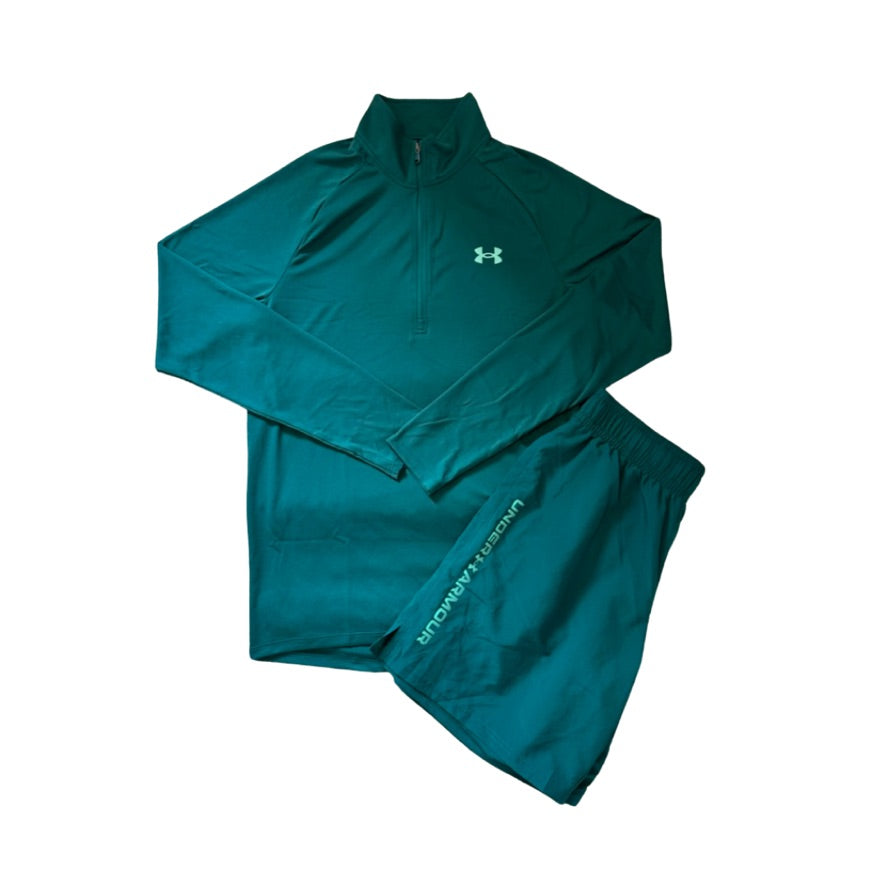 UNDER ARMOUR HYDRO TEAL 1/2 ZIP X TEAL WORDMARK 7" SHORTS